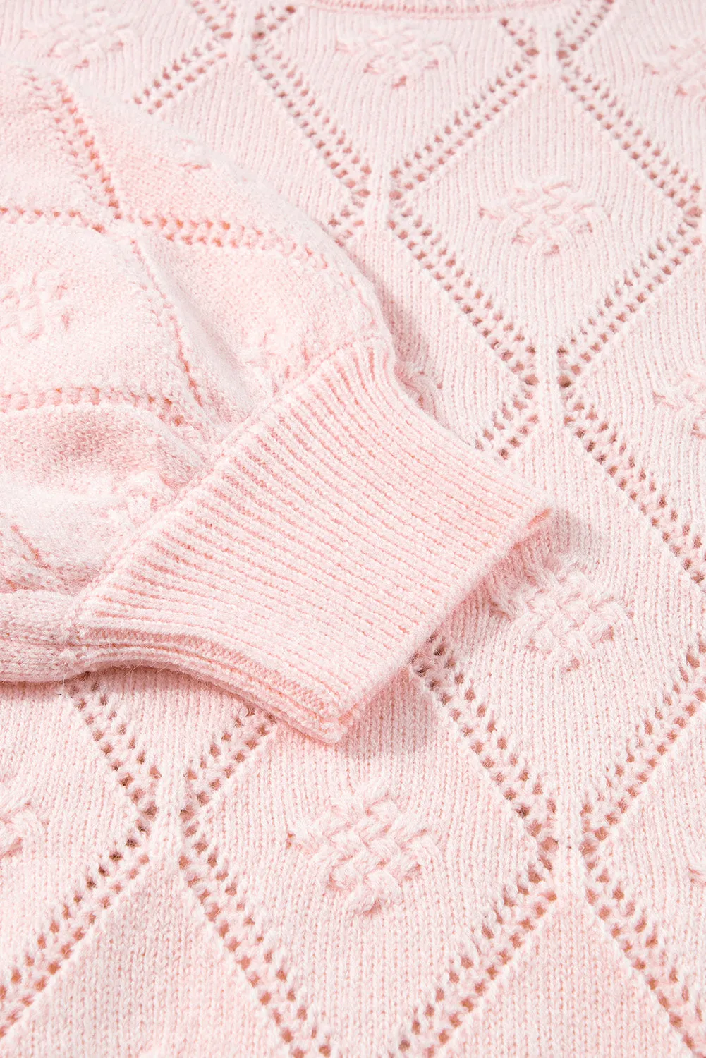 KaleaBoutique Openwork Plaid Puff Sleeve Cropped Sweater