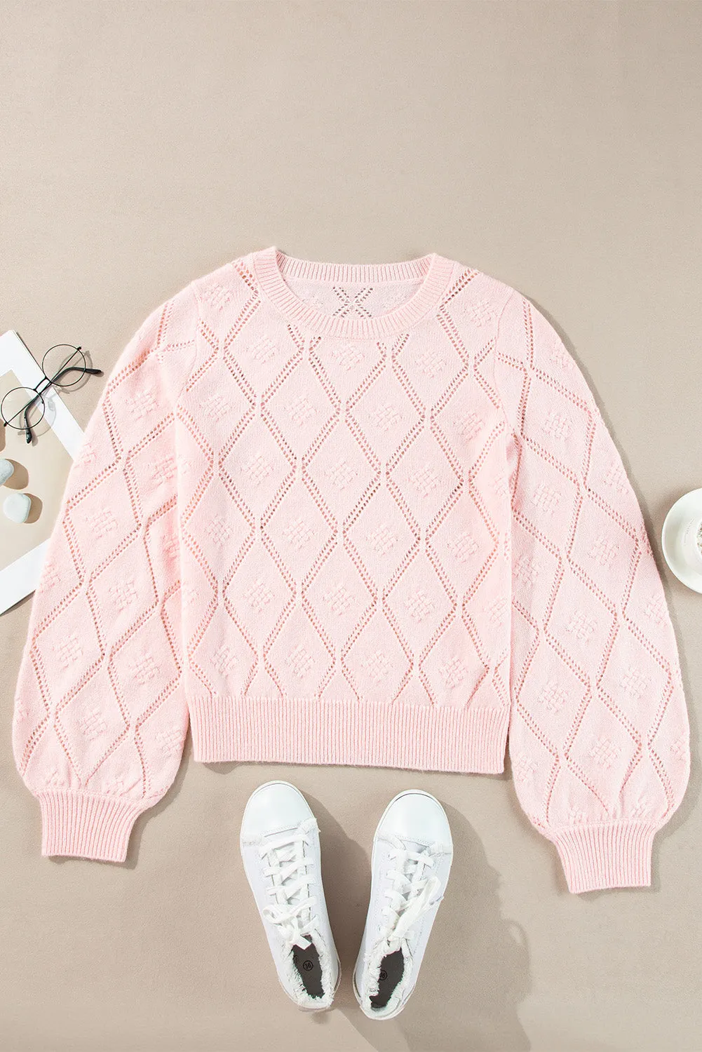 KaleaBoutique Openwork Plaid Puff Sleeve Cropped Sweater