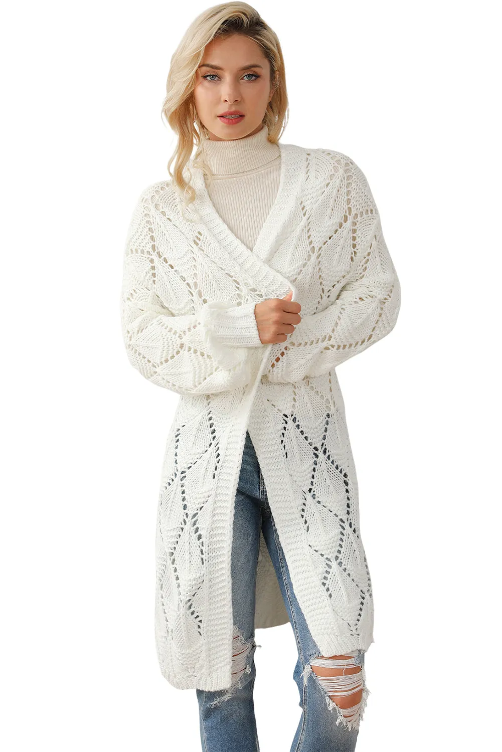 KaleaBoutique Rhombus Hollowed Knit Open Front Cardigan