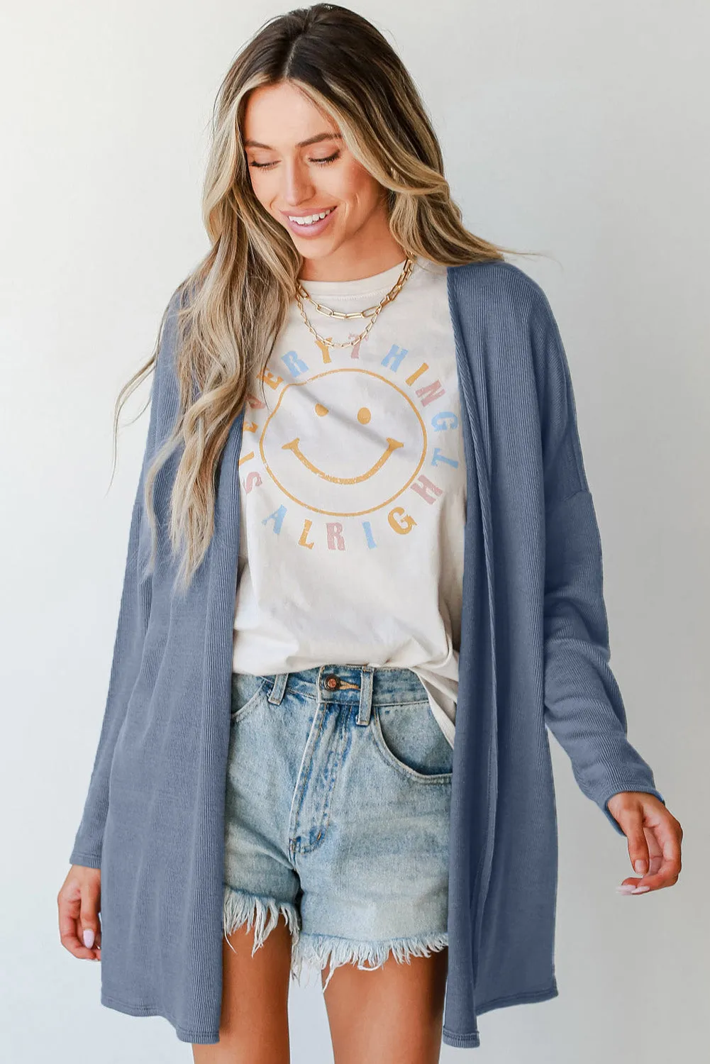 KaleaBoutique Solid Color Rib Knit Open Front Tunic Cardigan
