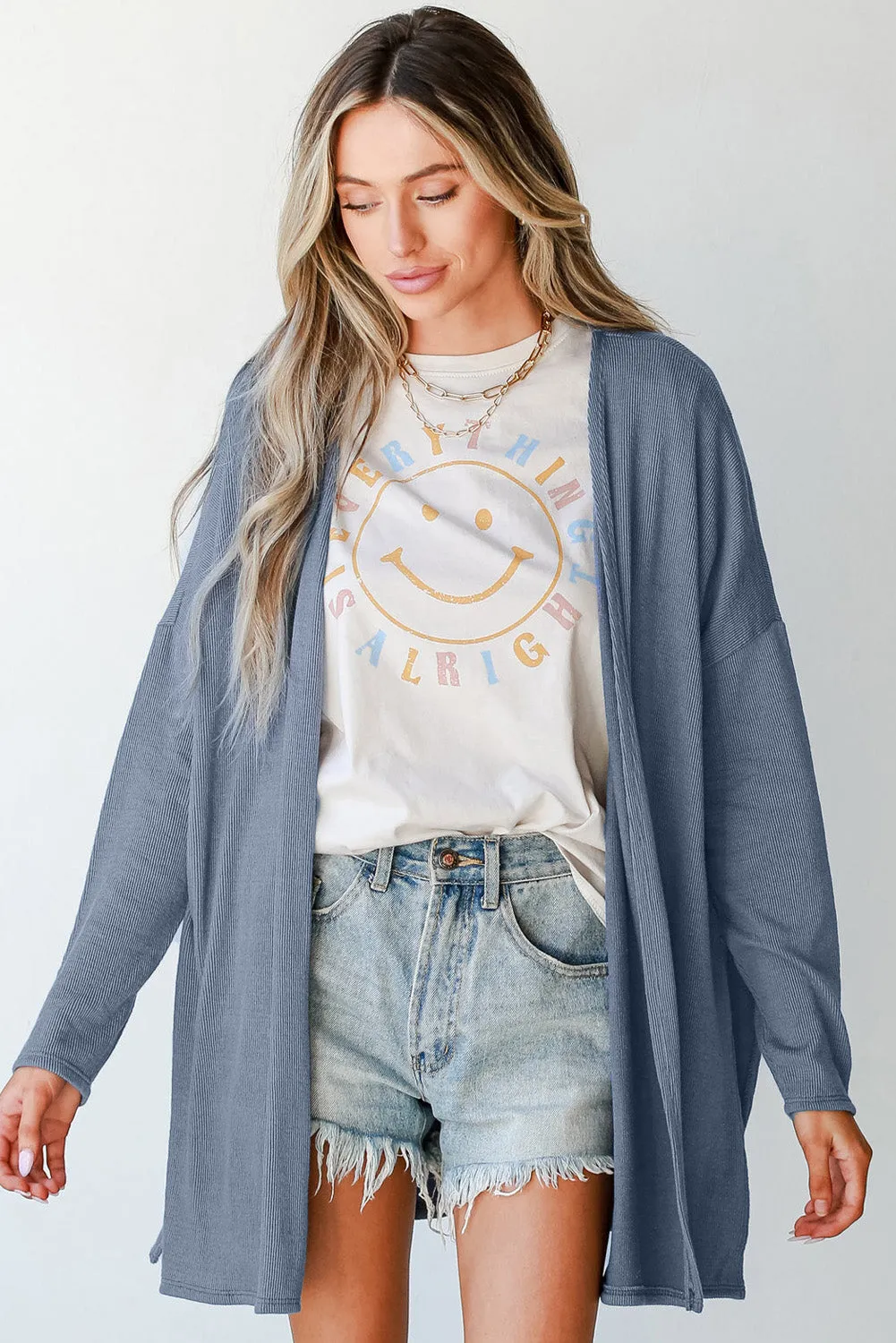 KaleaBoutique Solid Color Rib Knit Open Front Tunic Cardigan