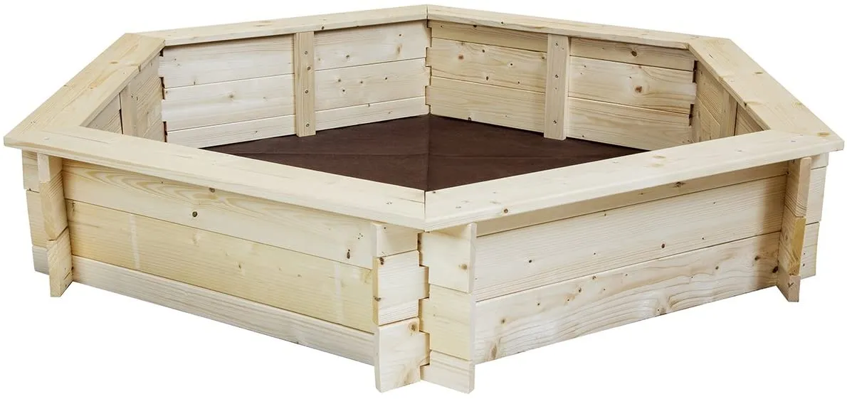 Kids Extra Large Hexaganol Eco FSC Nordic Spruce Wooden Sandpit with Base Liner and Optional Waterproof Cover | 1.37 x 1.19m