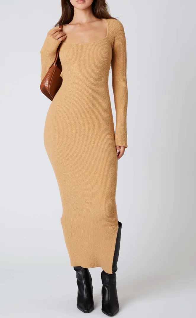 Knit Long Sleeve Square Neck Midi Dress