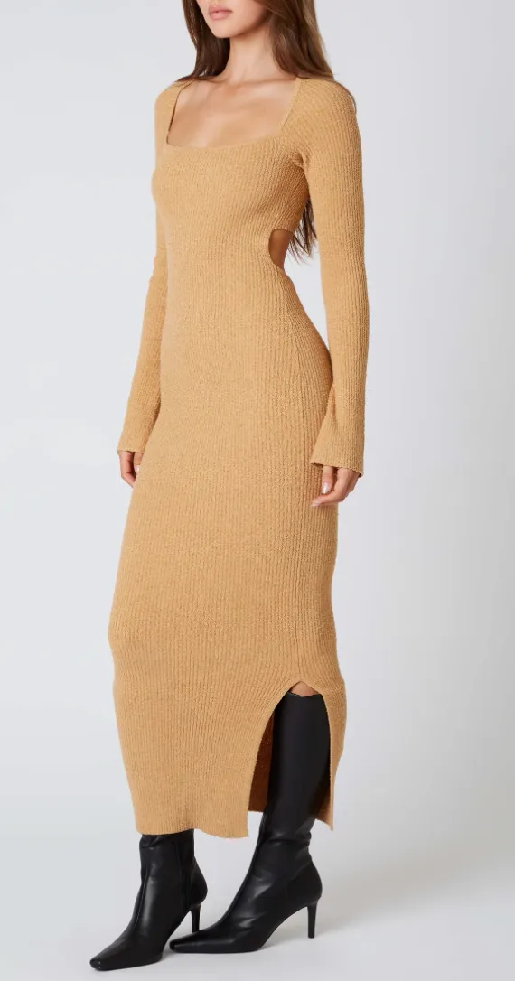 Knit Long Sleeve Square Neck Midi Dress
