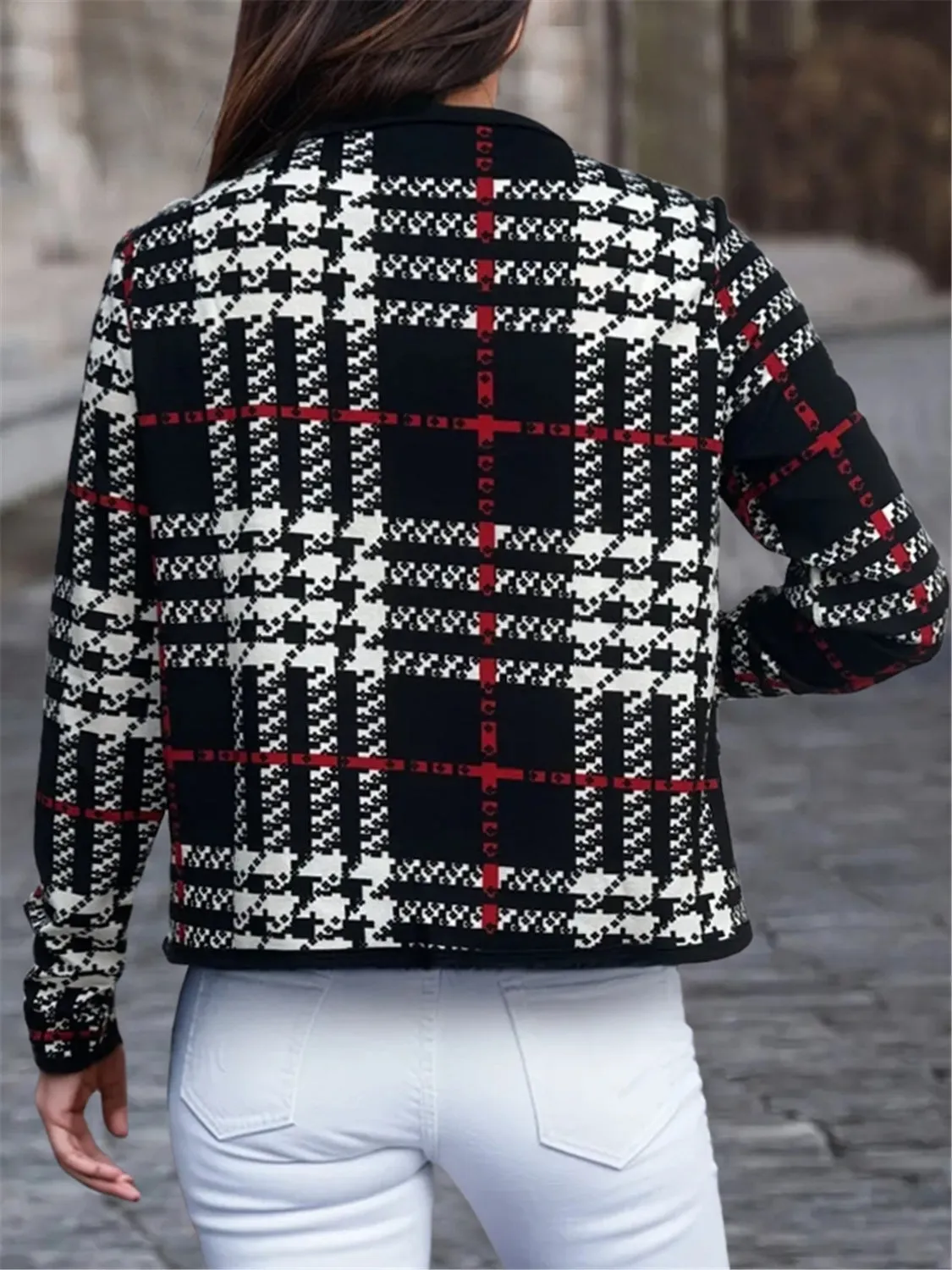 Kristi Plaid Print Open Front Long Sleeve Jacket