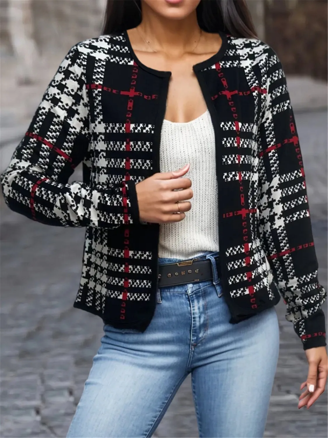 Kristi Plaid Print Open Front Long Sleeve Jacket