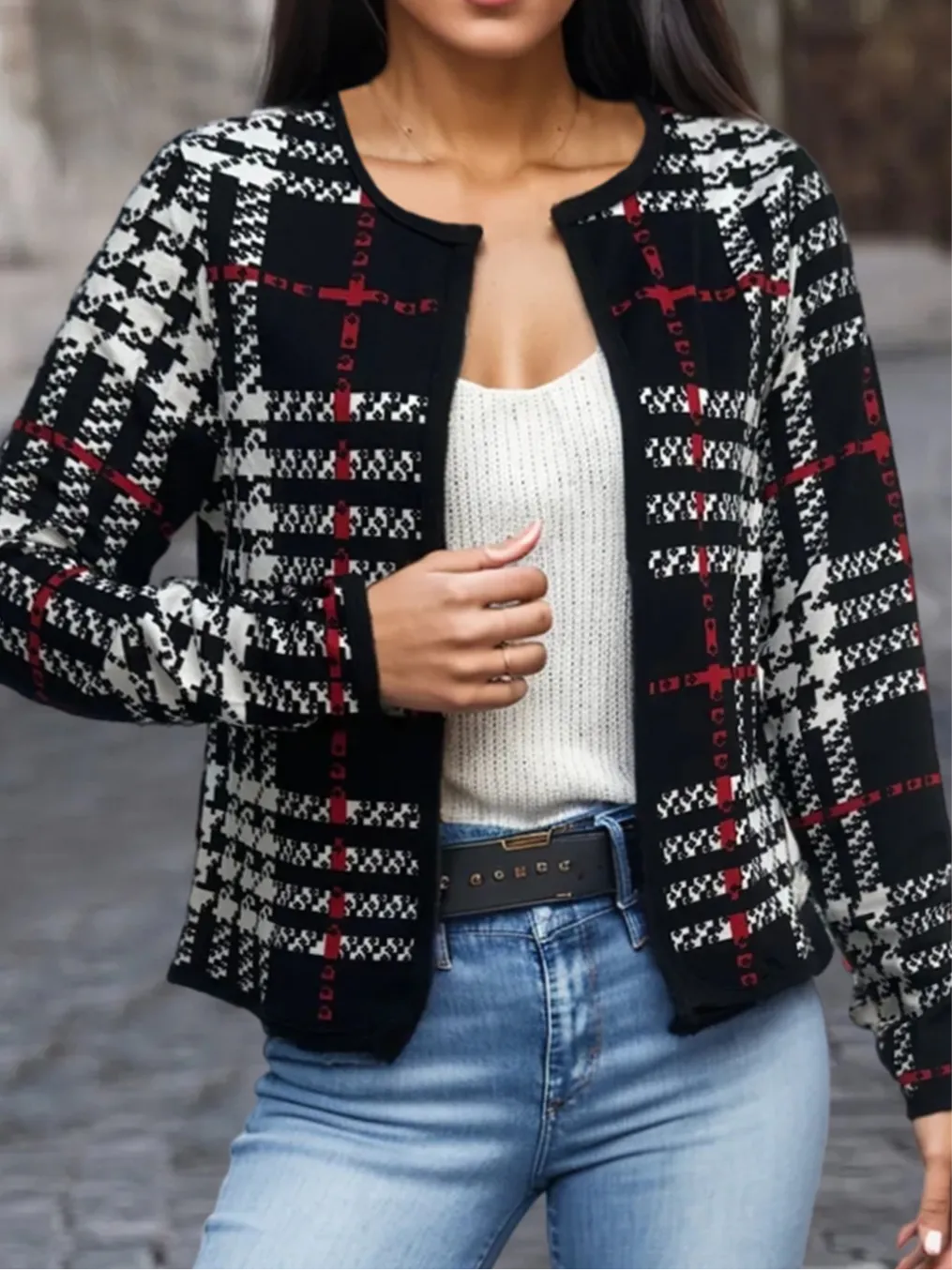 Kristi Plaid Print Open Front Long Sleeve Jacket