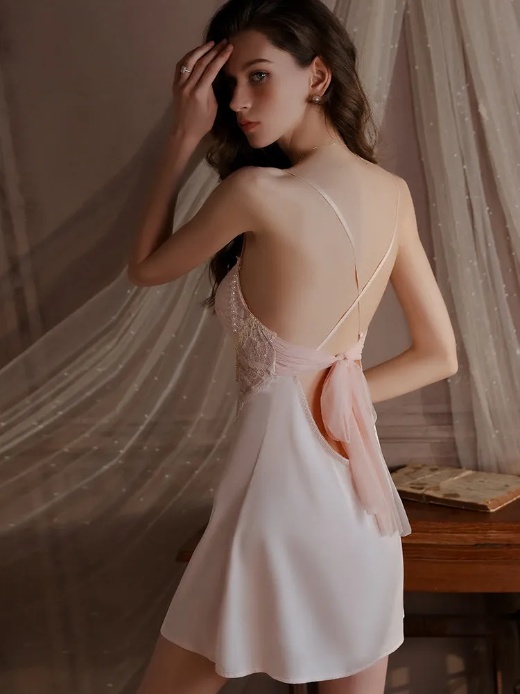 Lace Cutout Satin Bow Slip Dress