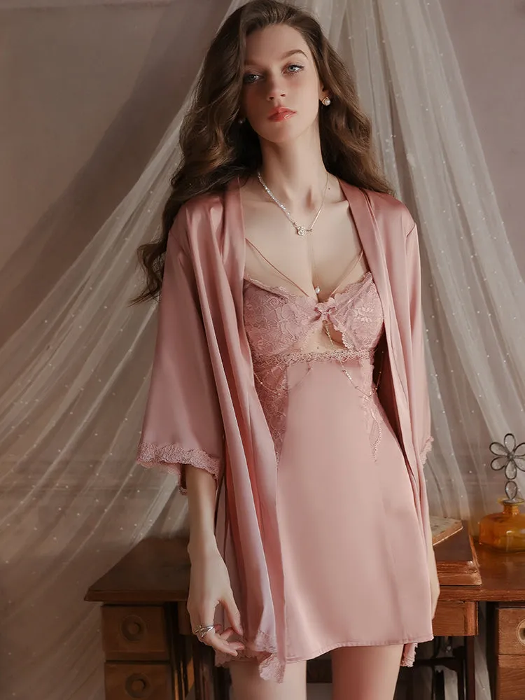 Lace Cutout Satin Bow Slip Dress