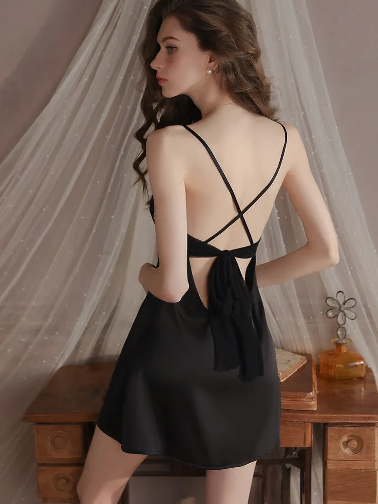 Lace Cutout Satin Bow Slip Dress