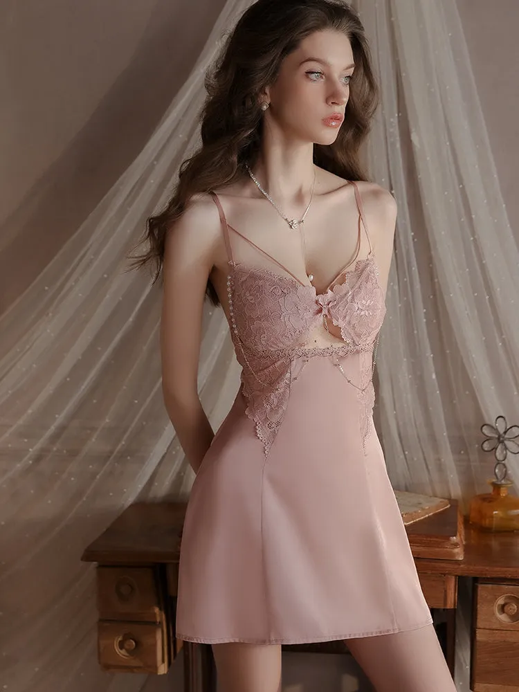 Lace Cutout Satin Bow Slip Dress