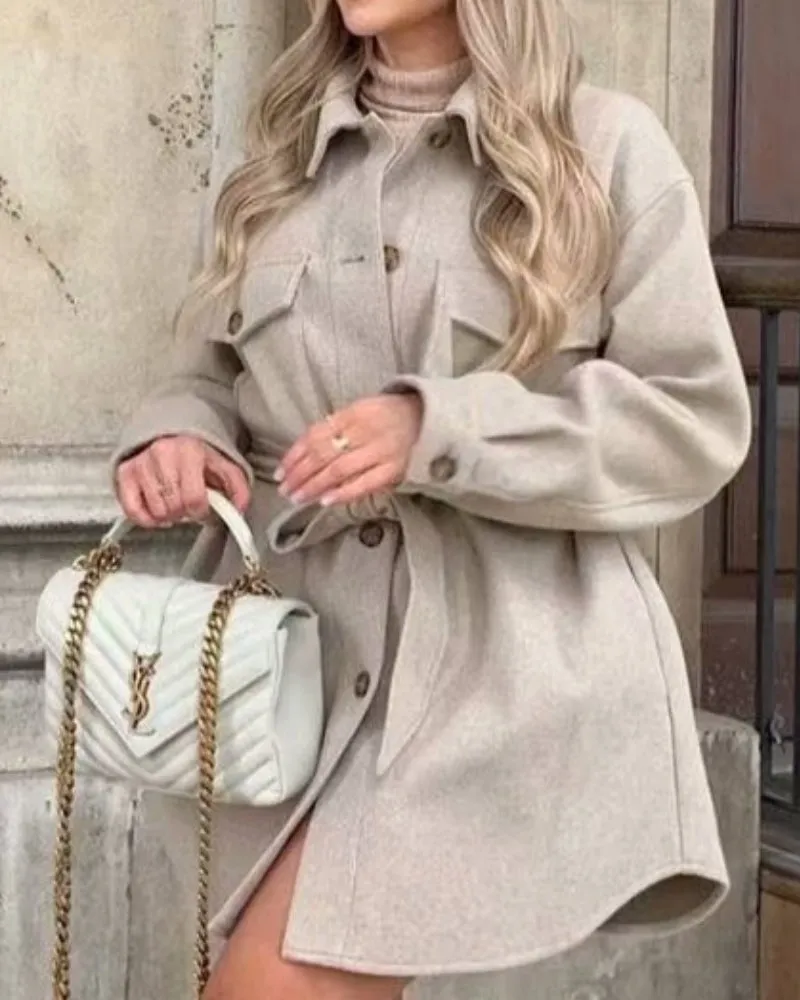Lace-up Pile Collar Single-breasted Pocket Outerwear