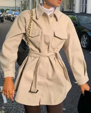Lace-up Pile Collar Single-breasted Pocket Outerwear