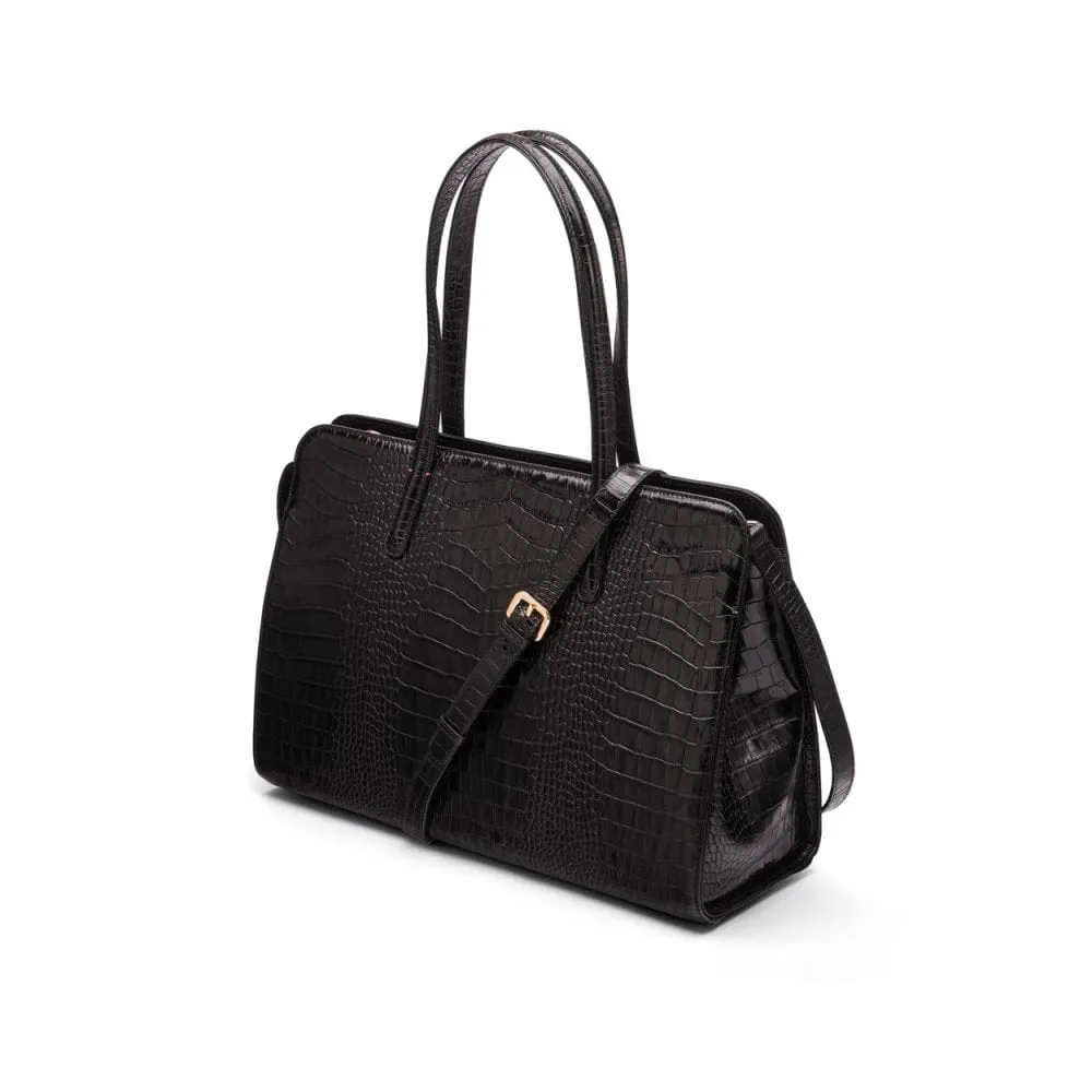 Ladies' Leather 15" Laptop Handbag - Black Croc-Effect
