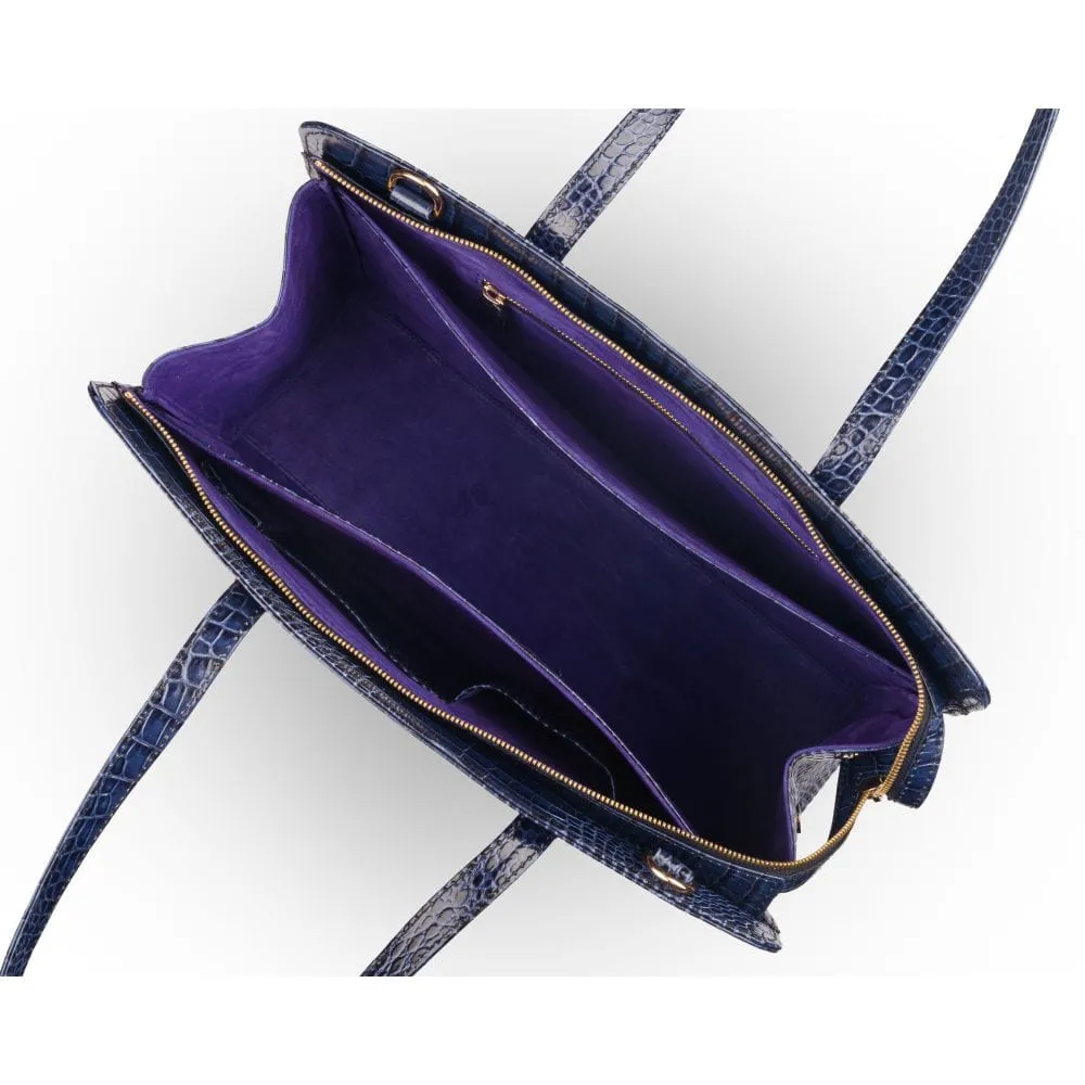 Ladies' Leather 15" Laptop Handbag - Navy Croc-Effect