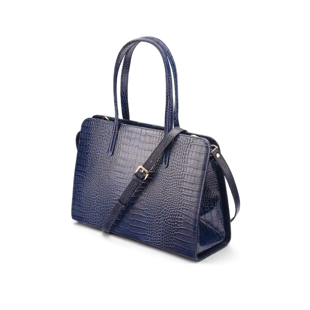 Ladies' Leather 15" Laptop Handbag - Navy Croc-Effect