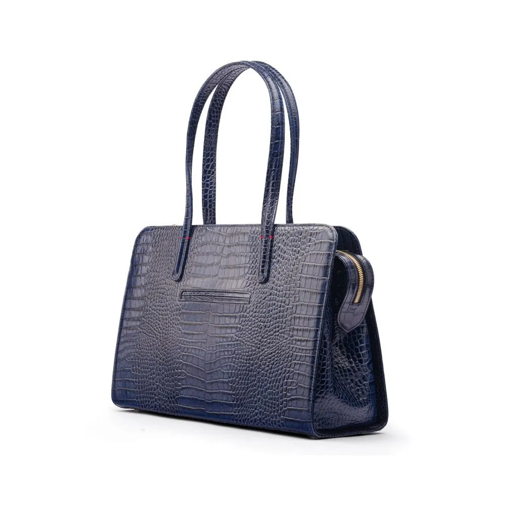 Ladies' Leather 15" Laptop Handbag - Navy Croc-Effect