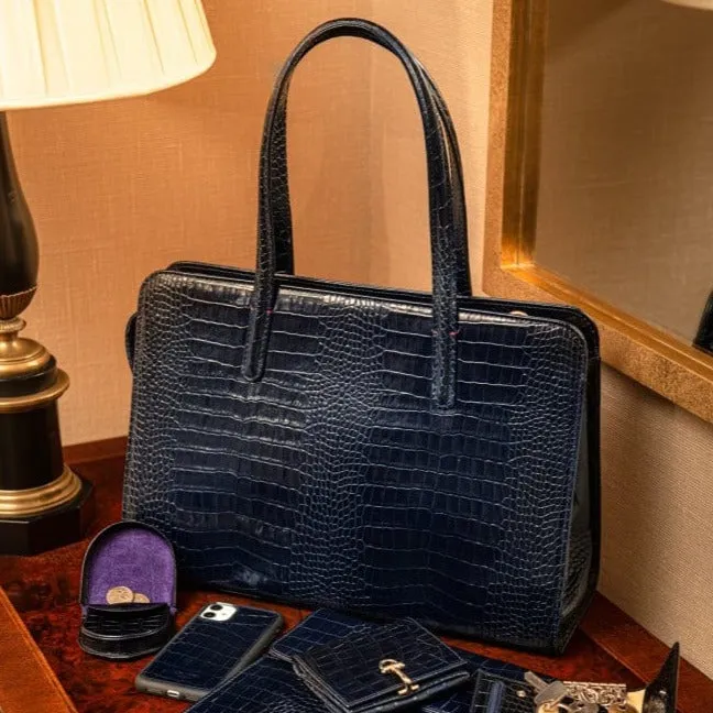 Ladies' Leather 15" Laptop Handbag - Navy Croc-Effect