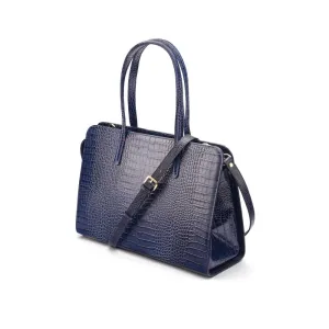 Ladies' Leather 15" Laptop Handbag - Navy Croc-Effect