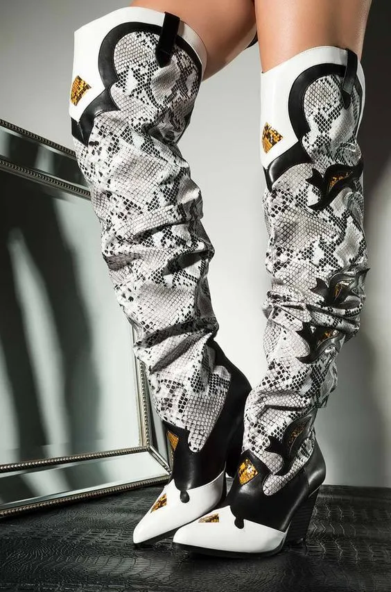 Lady Patchwork High Heel Boots Snakeskin