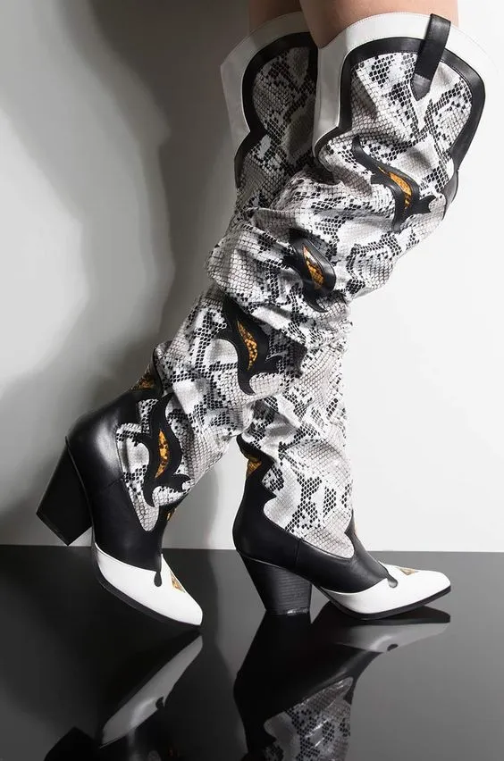 Lady Patchwork High Heel Boots Snakeskin