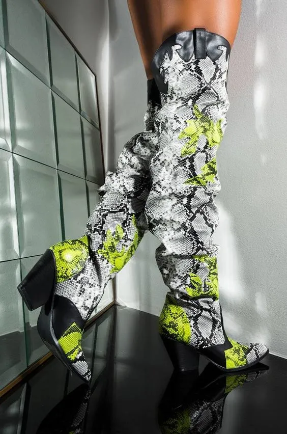 Lady Patchwork High Heel Boots Snakeskin
