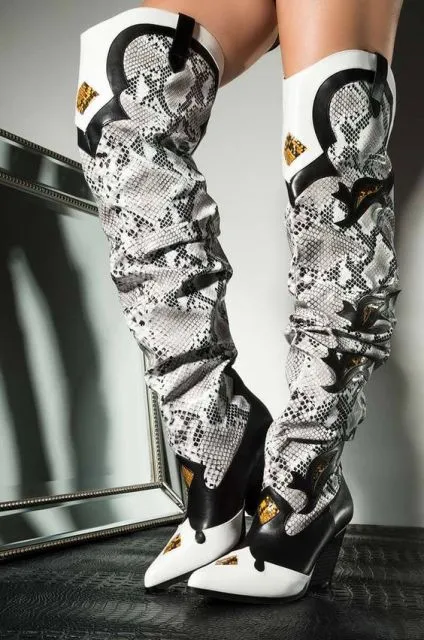 Lady Patchwork High Heel Boots Snakeskin