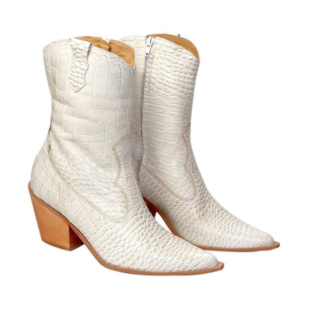 Lady - Western Mid-Calf Cowgirl Boots (Off-White Leather)
