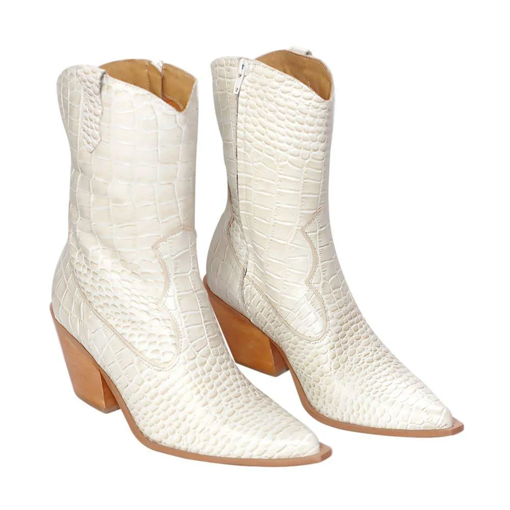 Lady - Western Mid-Calf Cowgirl Boots (Off-White Leather)