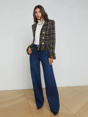 L'Agence Belmont Fringe Jacket Black Yellow Multi Plaid