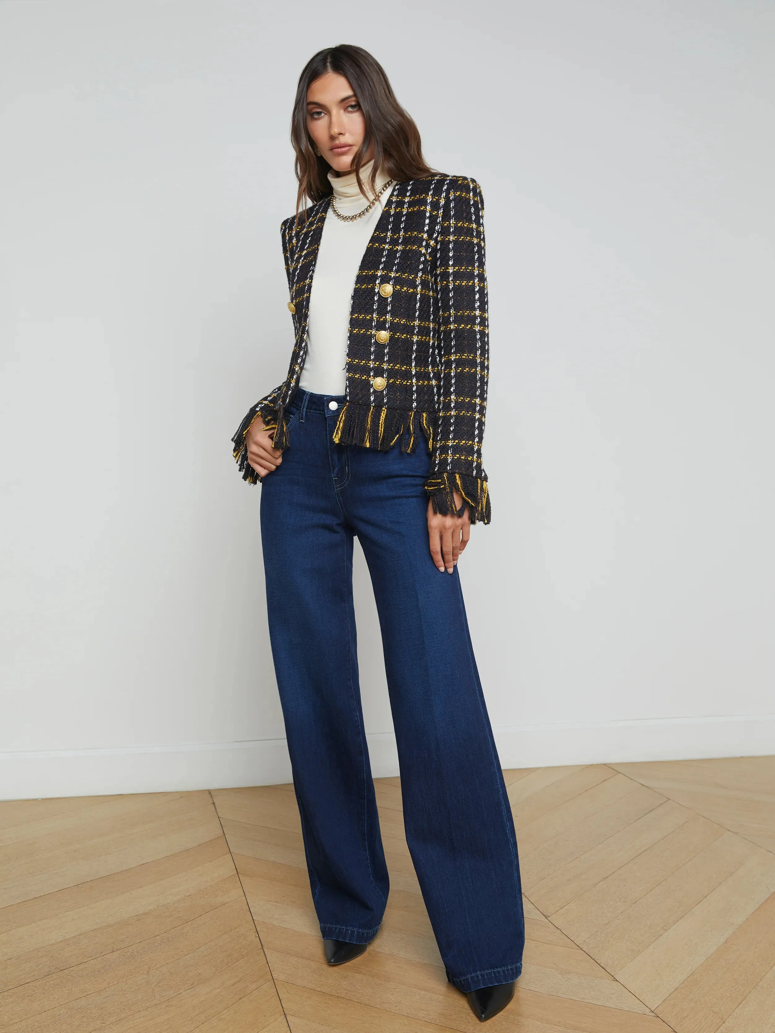 L'Agence Belmont Fringe Jacket Black Yellow Multi Plaid