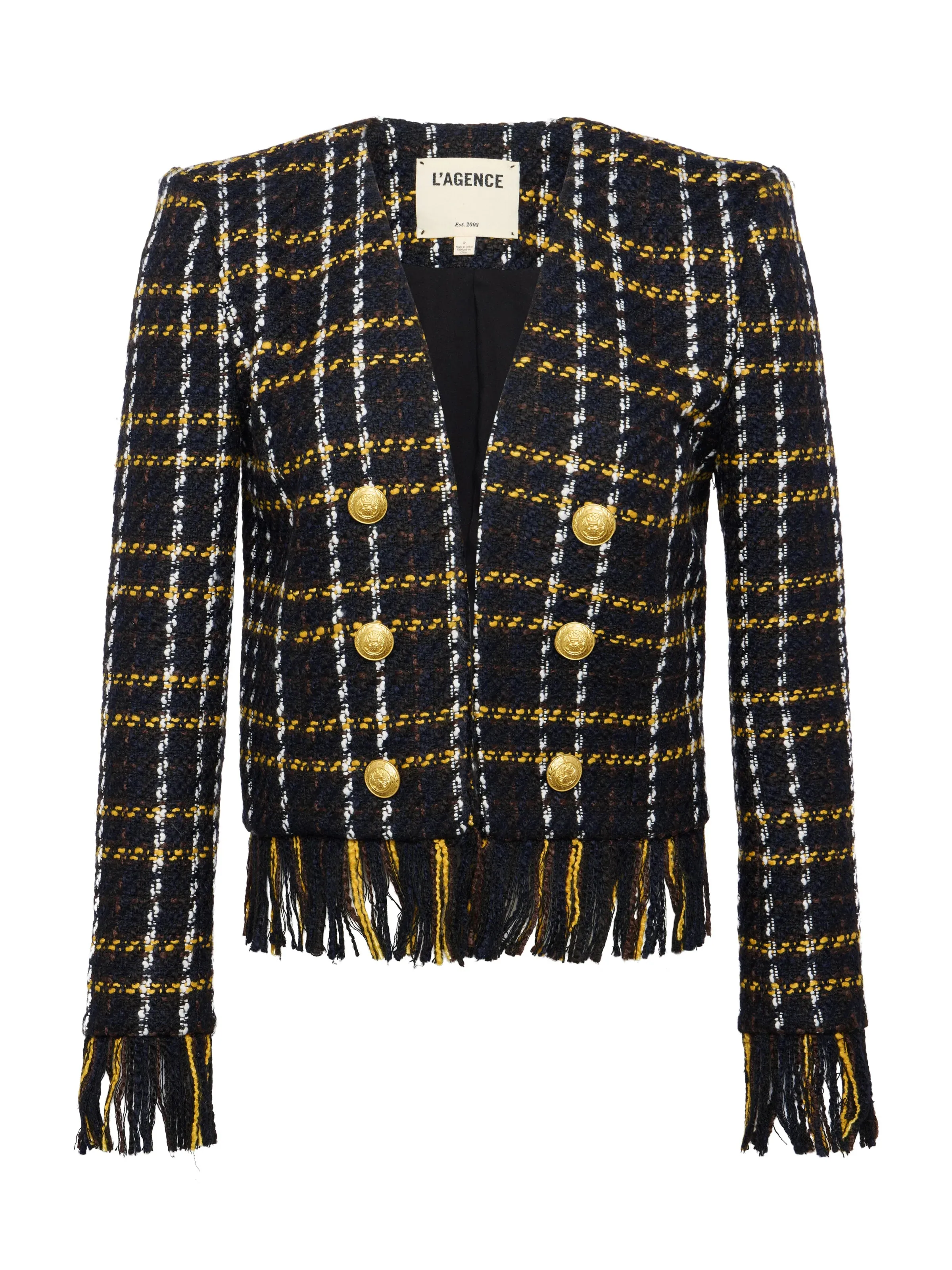 L'Agence Belmont Fringe Jacket Black Yellow Multi Plaid
