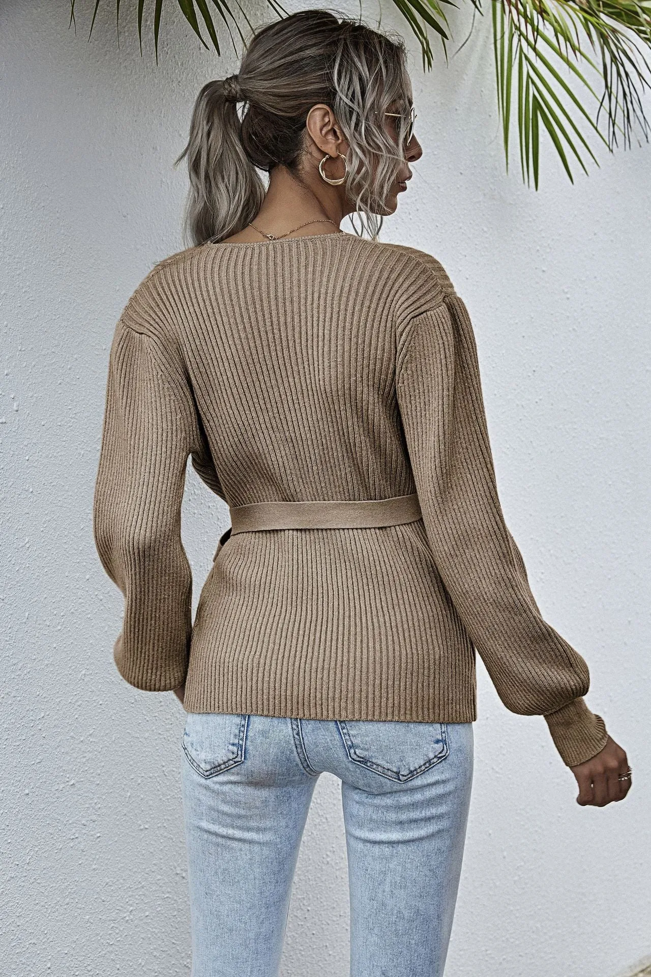 Lantern Sleeve Bow Tie V-neck Knit Sweaters Cardigans