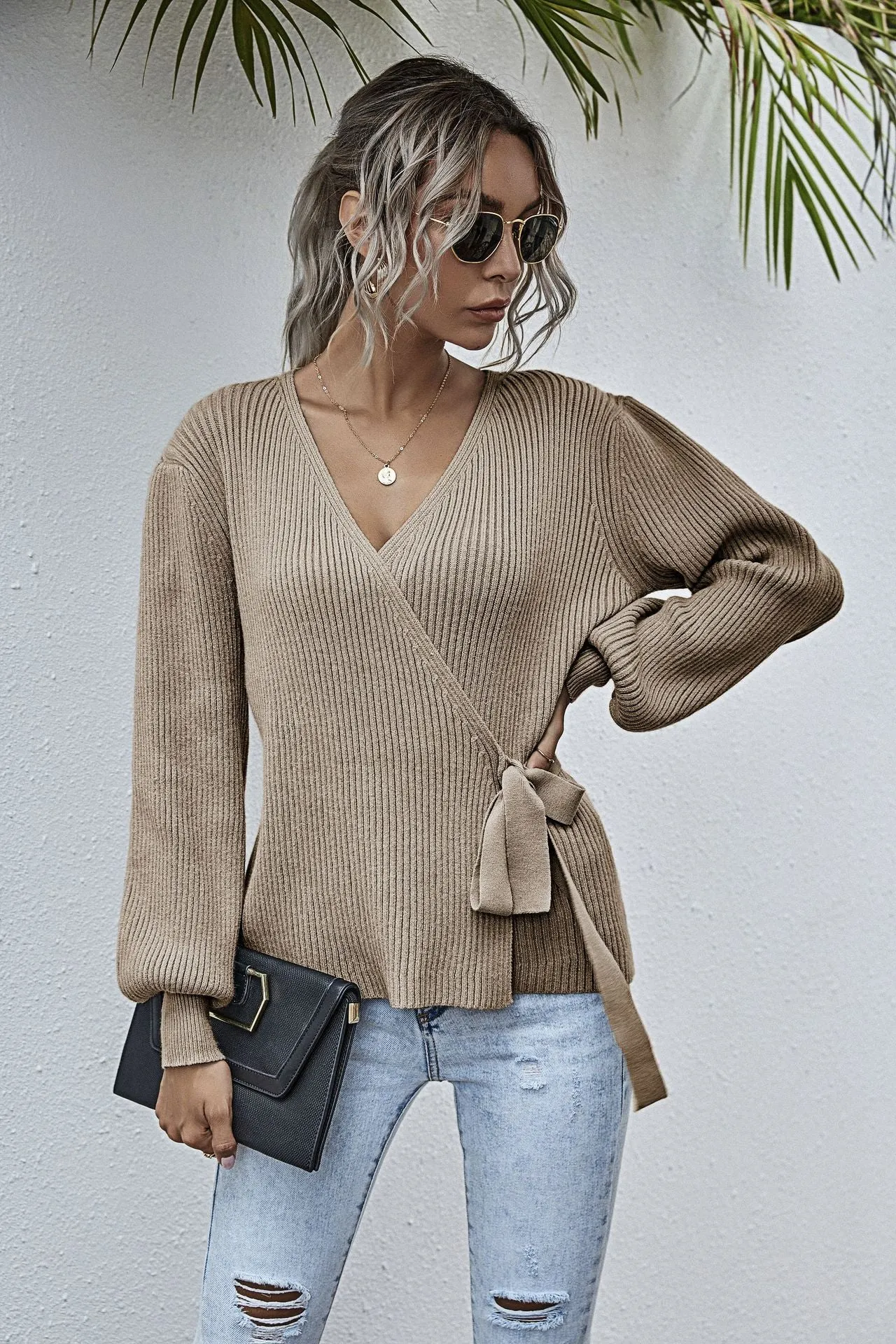 Lantern Sleeve Bow Tie V-neck Knit Sweaters Cardigans