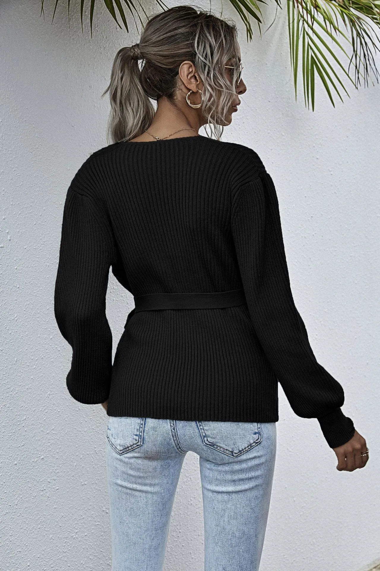 Lantern Sleeve Bow Tie V-neck Knit Sweaters Cardigans