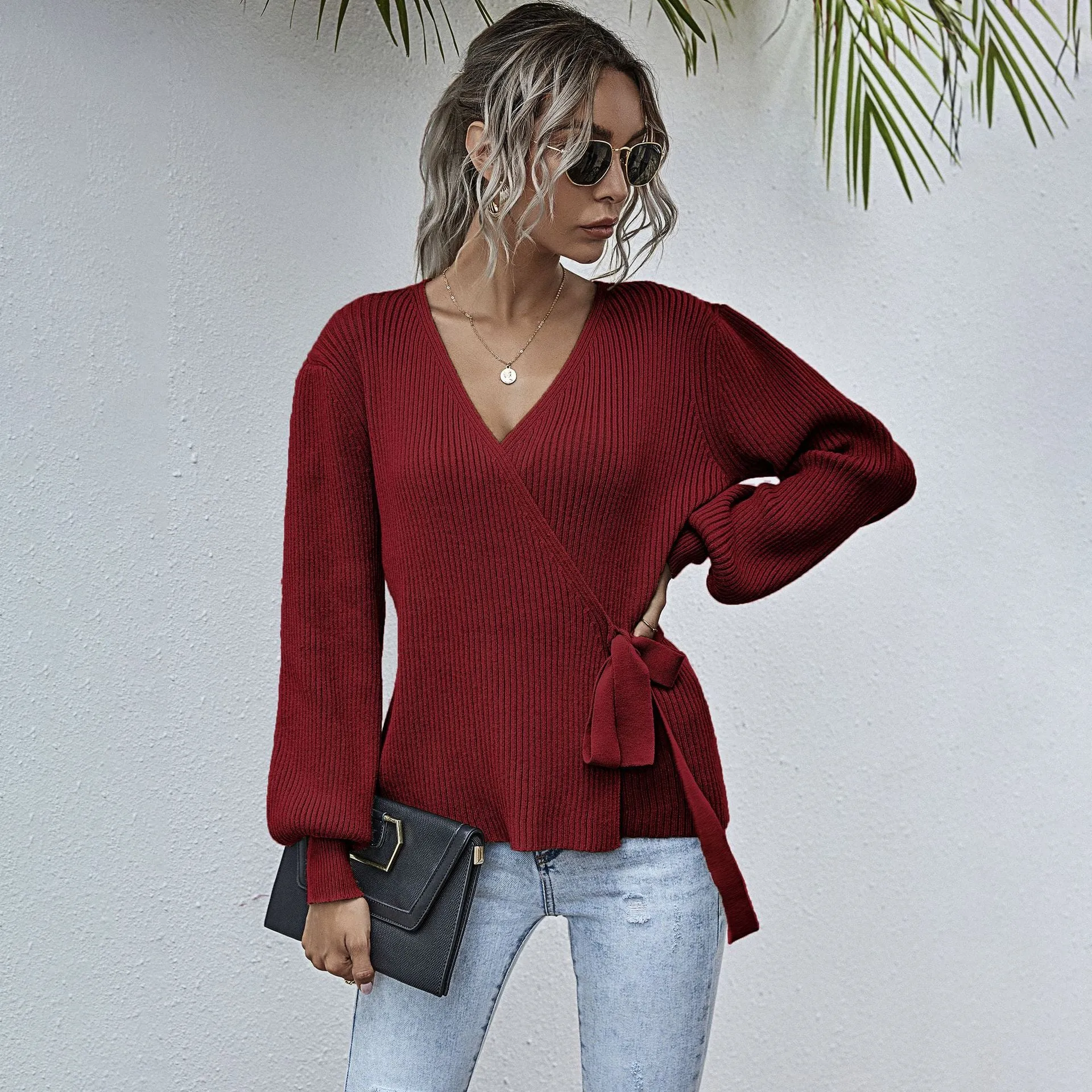 Lantern Sleeve Bow Tie V-neck Knit Sweaters Cardigans