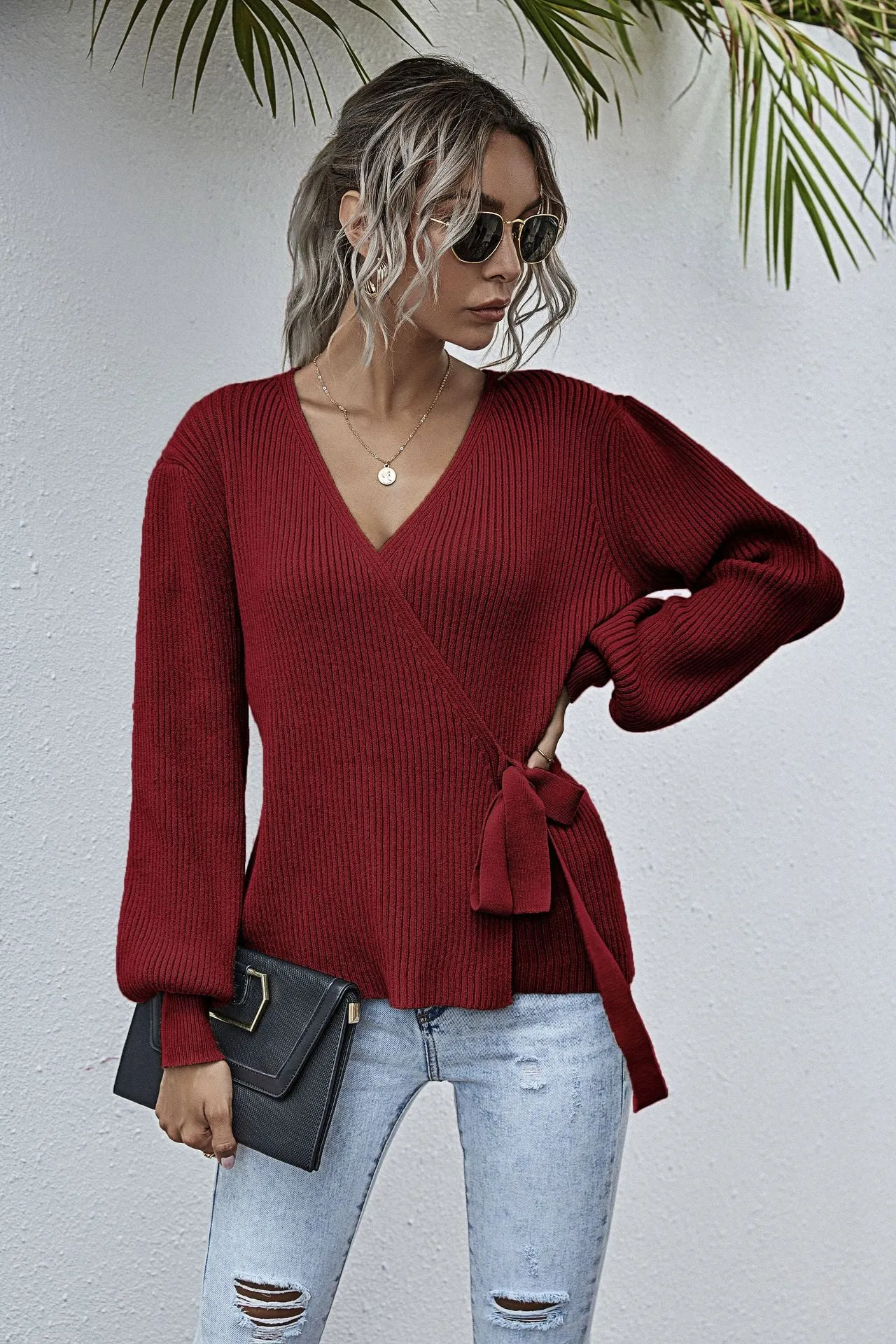 Lantern Sleeve Bow Tie V-neck Knit Sweaters Cardigans