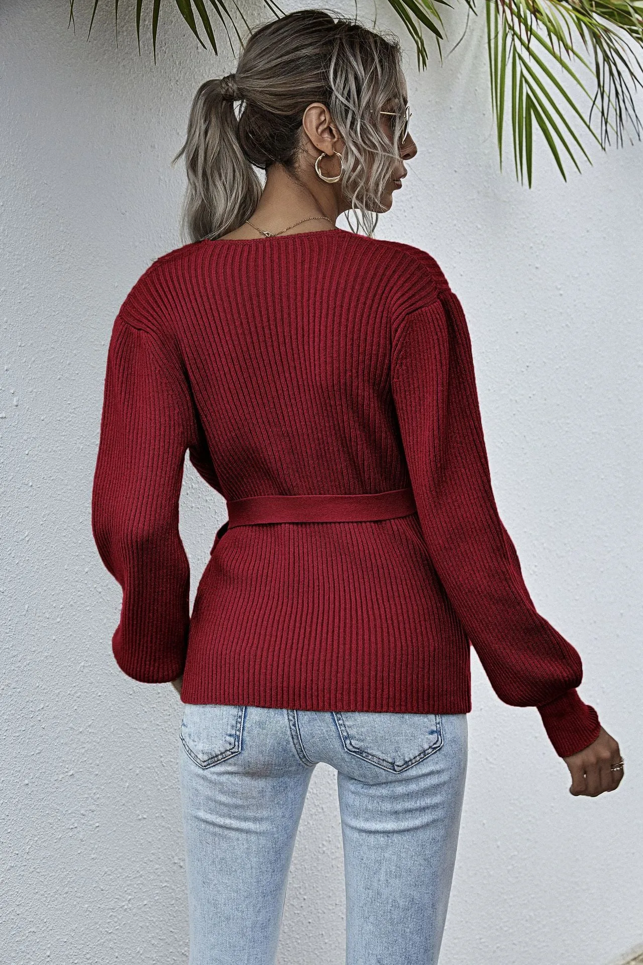 Lantern Sleeve Bow Tie V-neck Knit Sweaters Cardigans