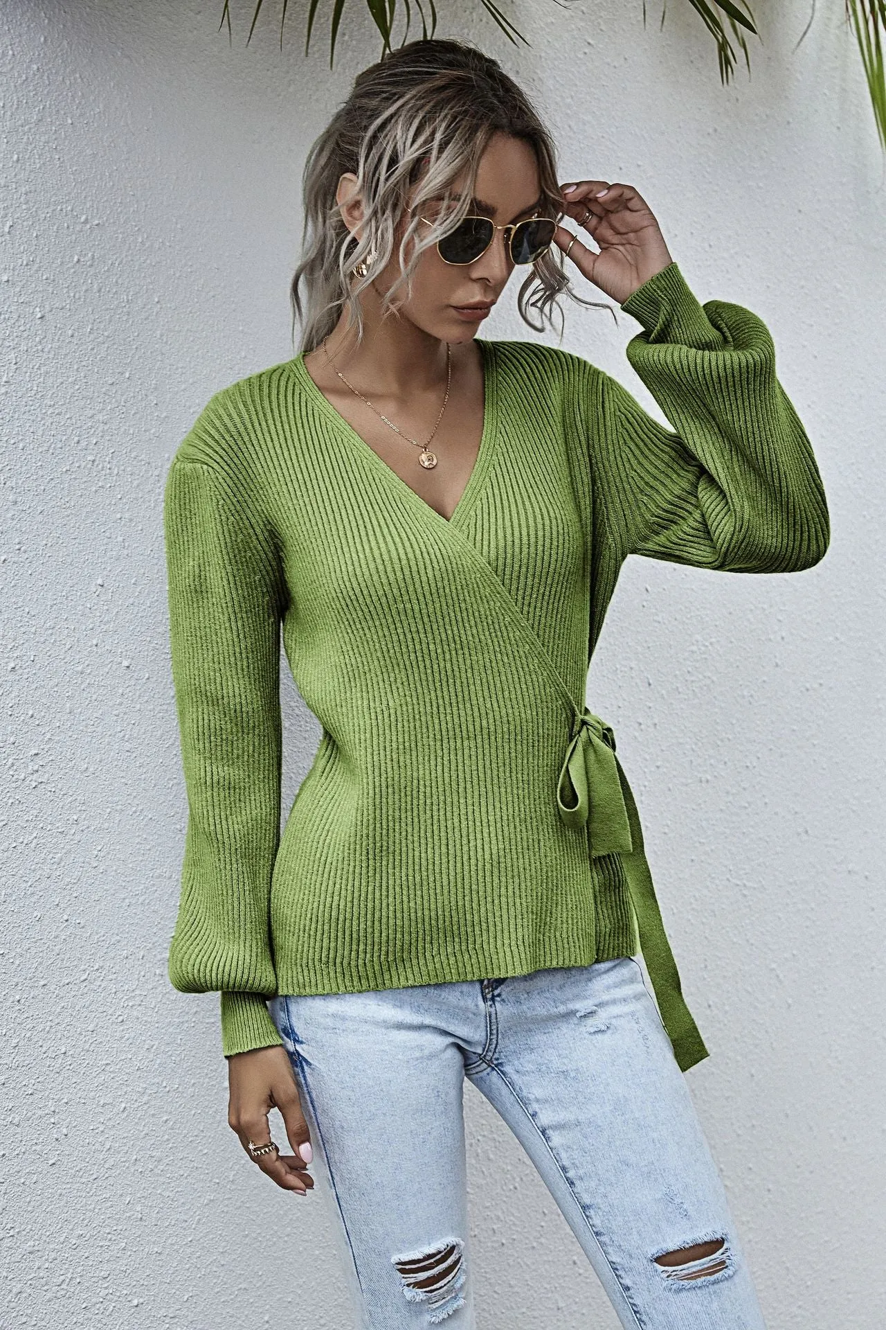 Lantern Sleeve Bow Tie V-neck Knit Sweaters Cardigans