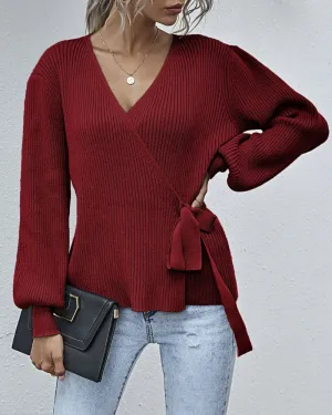 Lantern Sleeve Bow Tie V-neck Knit Sweaters Cardigans
