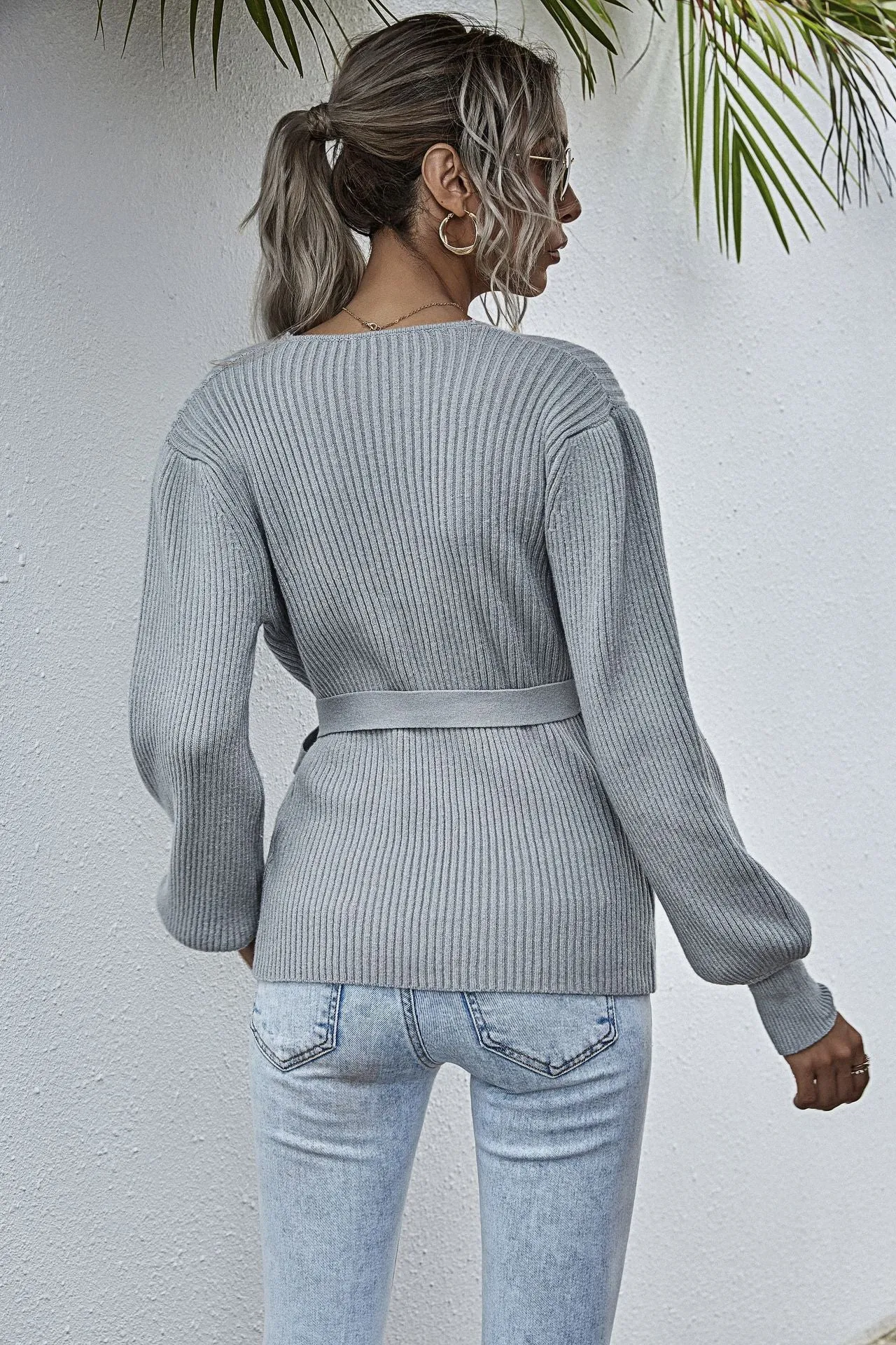 Lantern Sleeve Bow Tie V-neck Knit Sweaters Cardigans