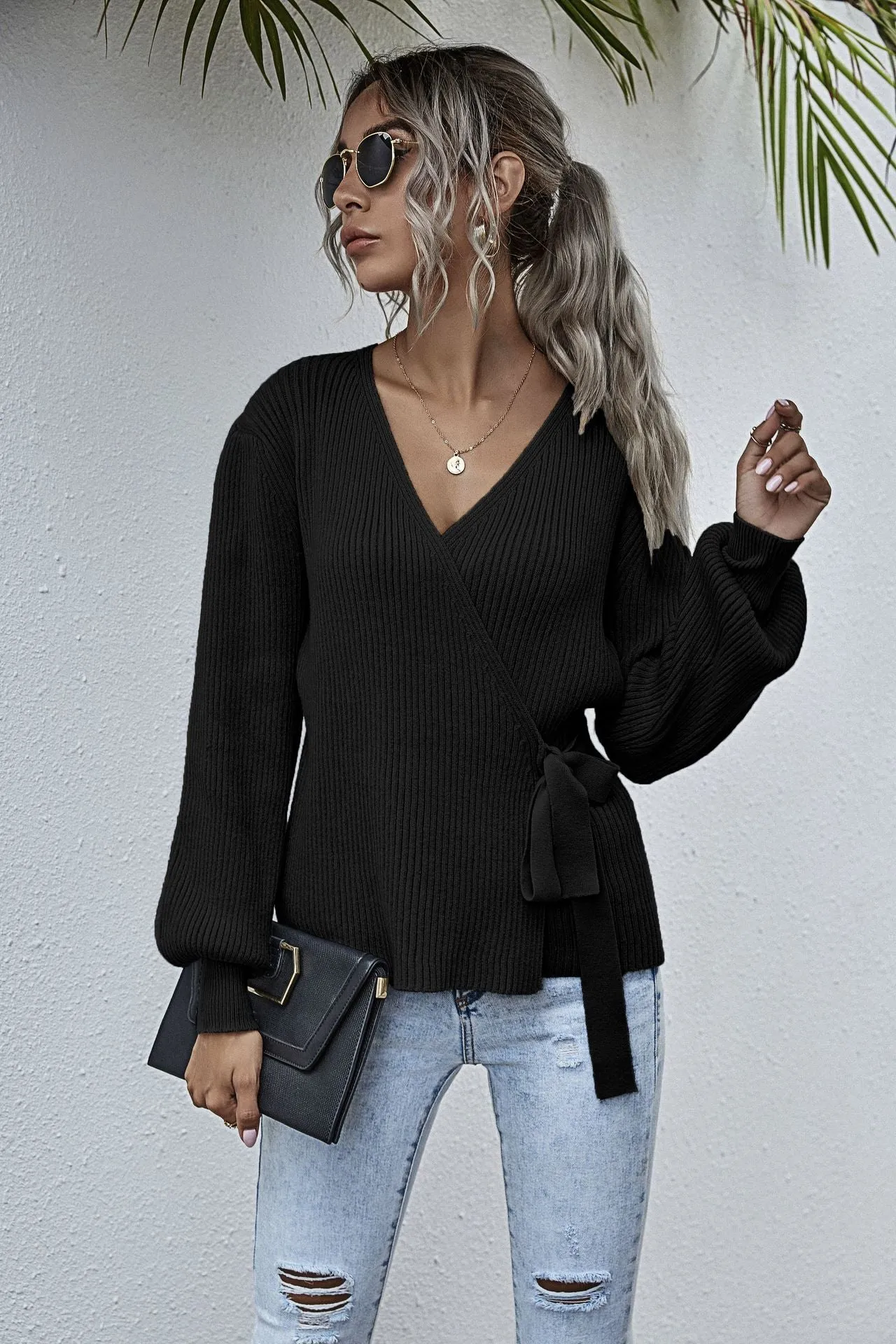 Lantern Sleeve Bow Tie V-neck Knit Sweaters Cardigans