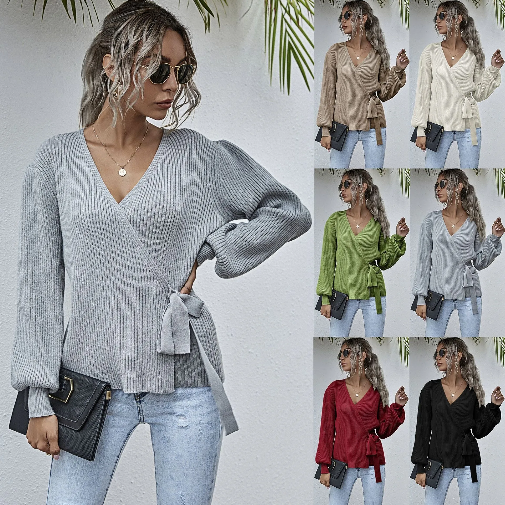 Lantern Sleeve Bow Tie V-neck Knit Sweaters Cardigans