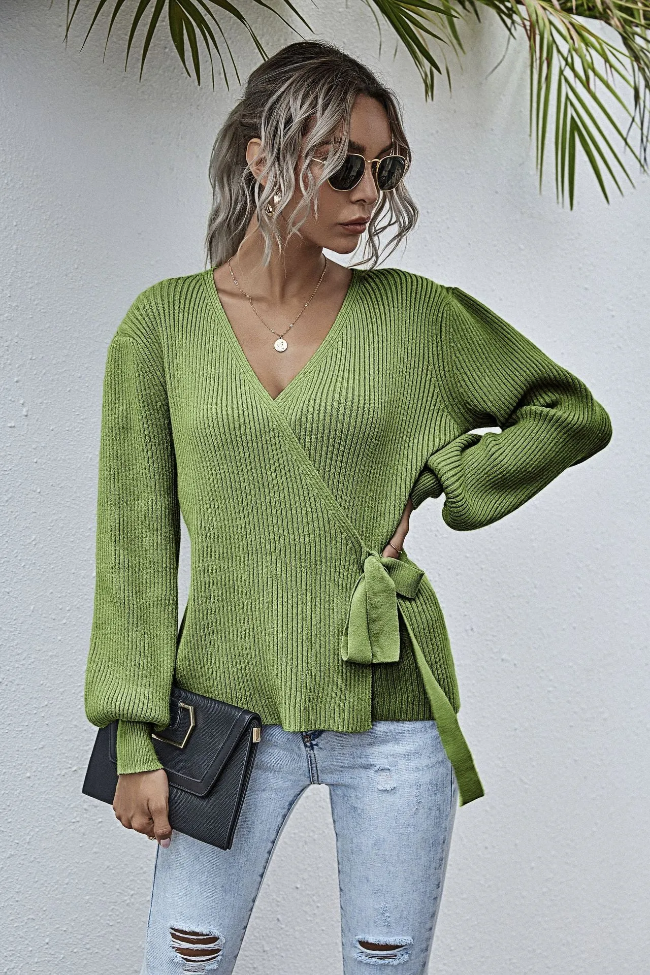 Lantern Sleeve Bow Tie V-neck Knit Sweaters Cardigans