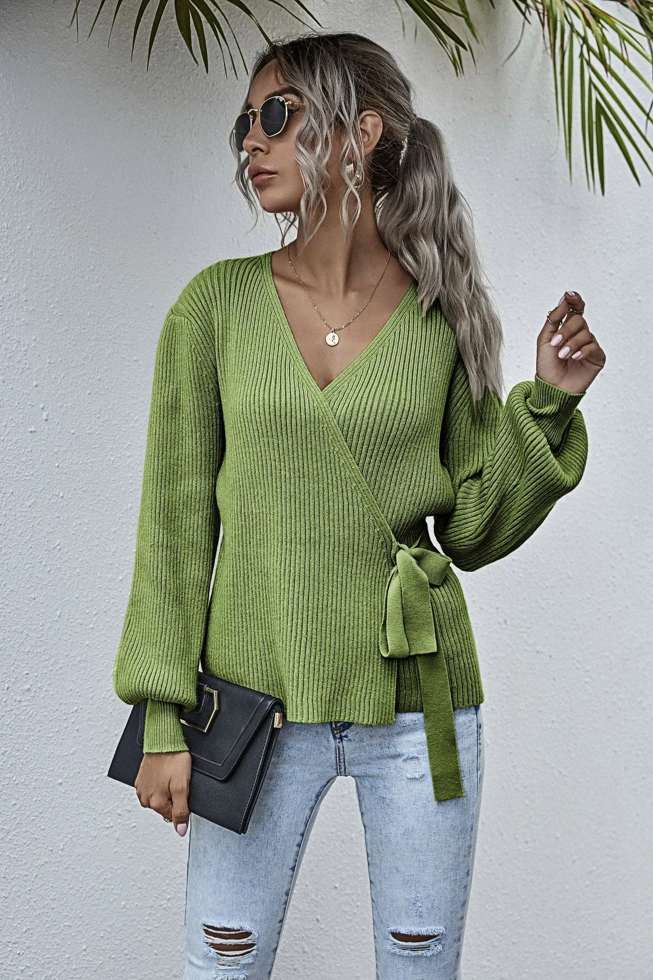 Lantern Sleeve Bow Tie V-neck Knit Sweaters Cardigans