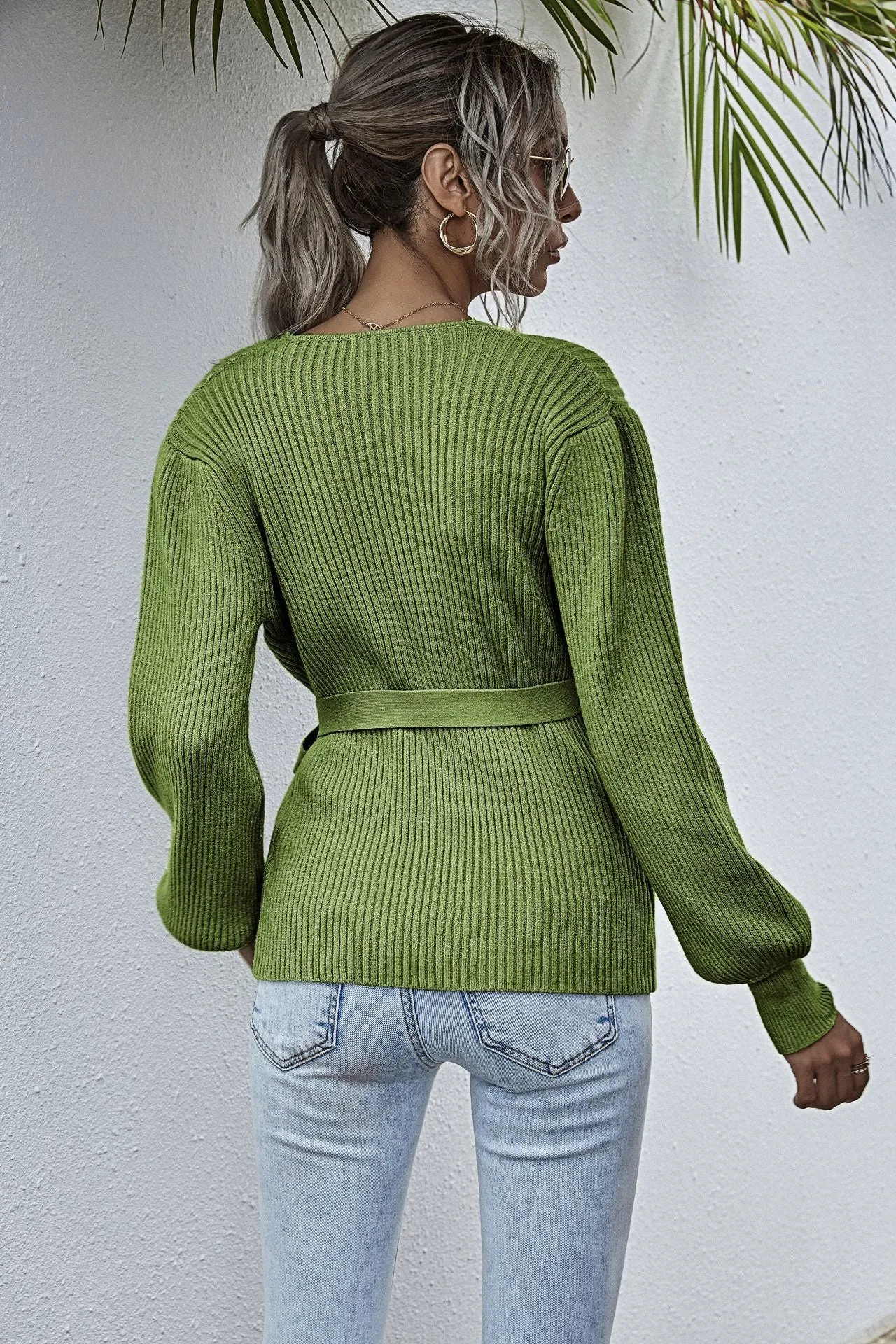 Lantern Sleeve Bow Tie V-neck Knit Sweaters Cardigans