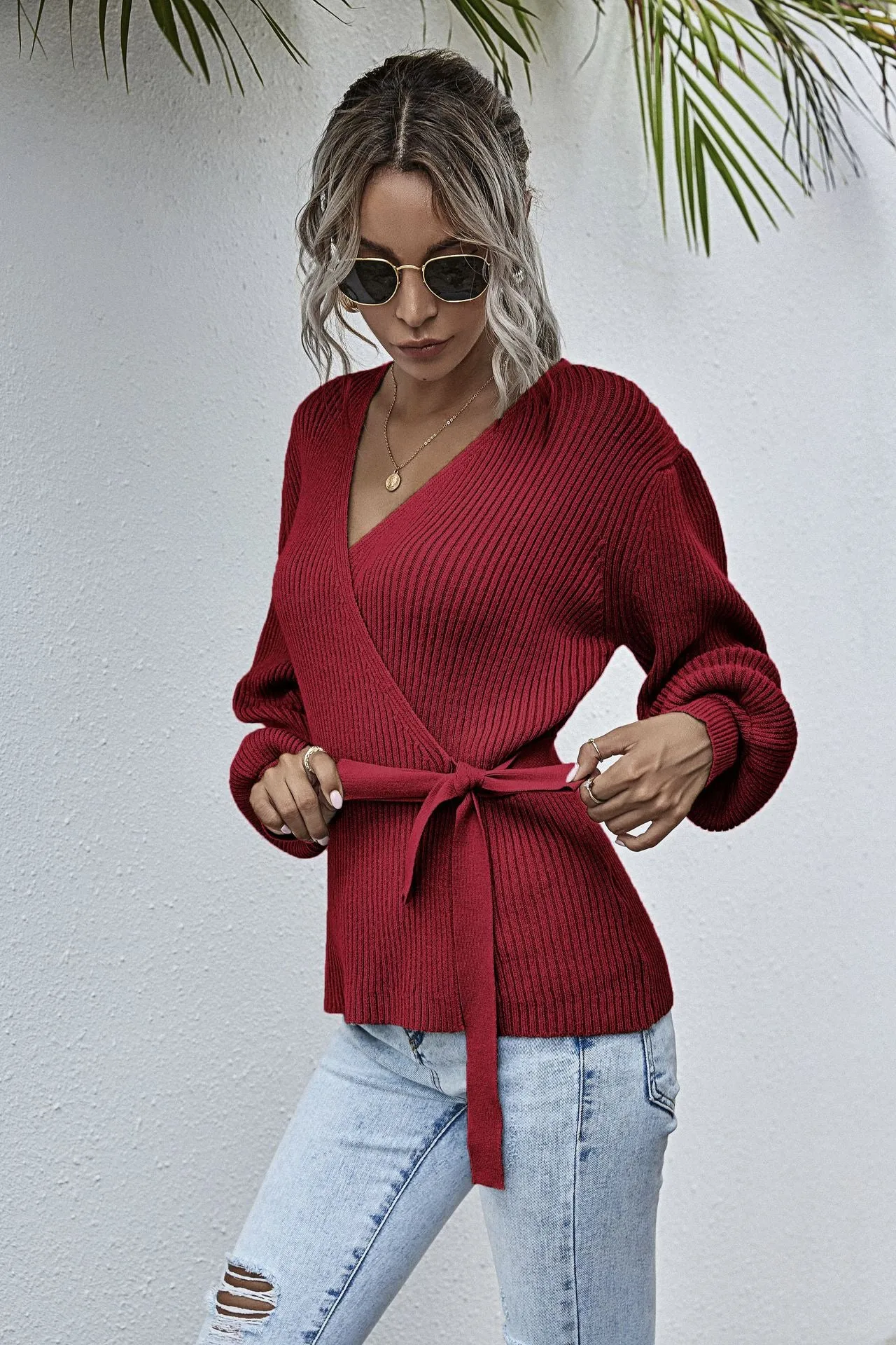 Lantern Sleeve Bow Tie V-neck Knit Sweaters Cardigans
