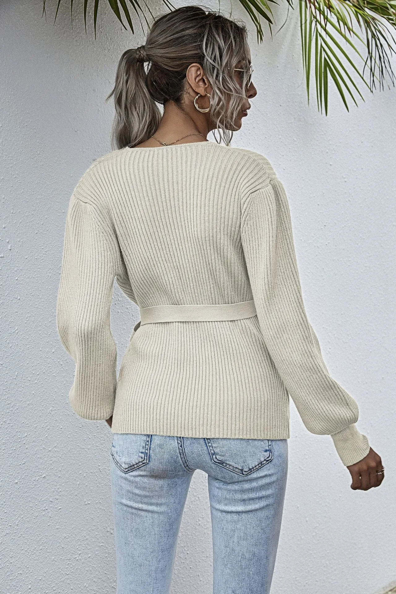 Lantern Sleeve Bow Tie V-neck Knit Sweaters Cardigans