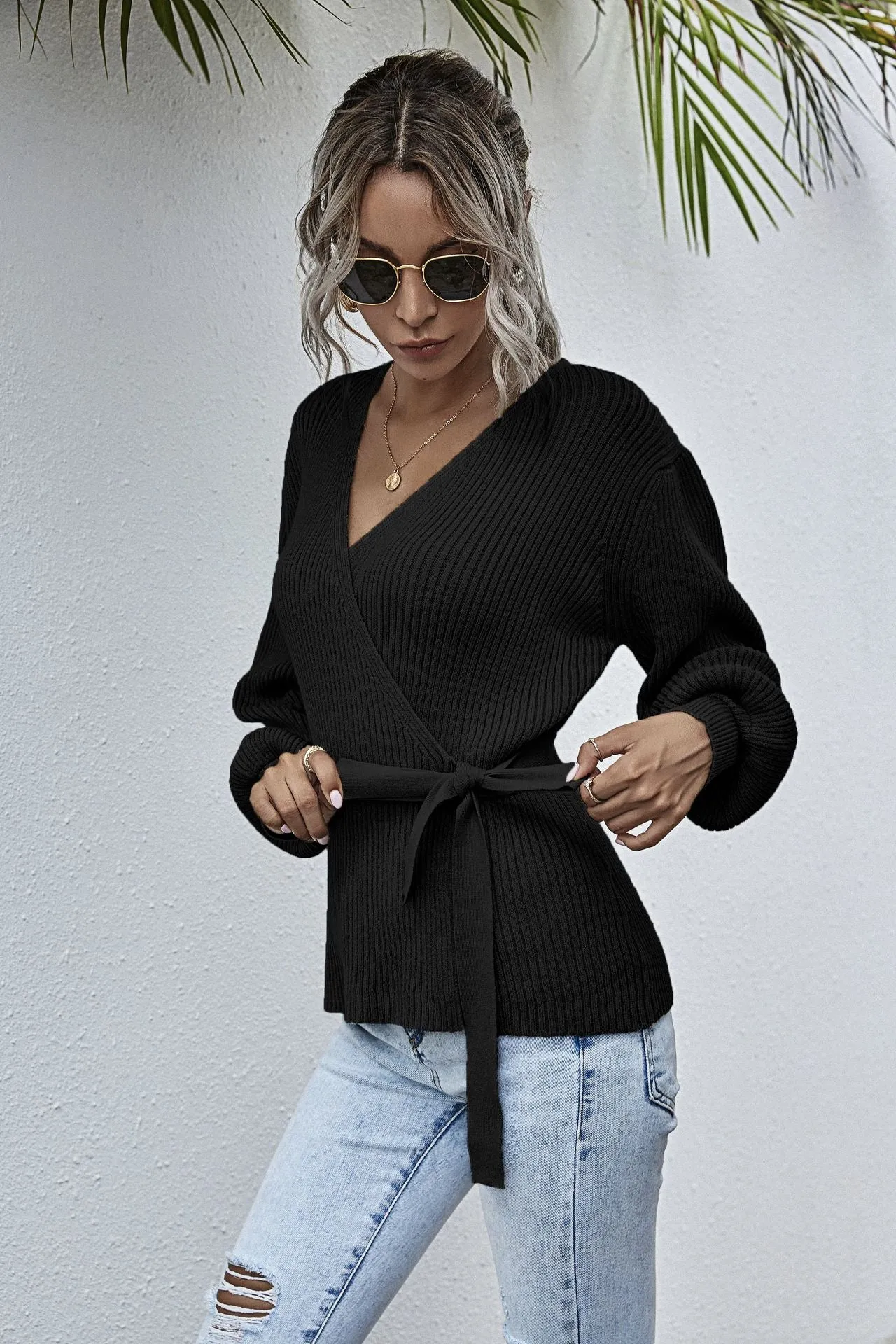 Lantern Sleeve Bow Tie V-neck Knit Sweaters Cardigans