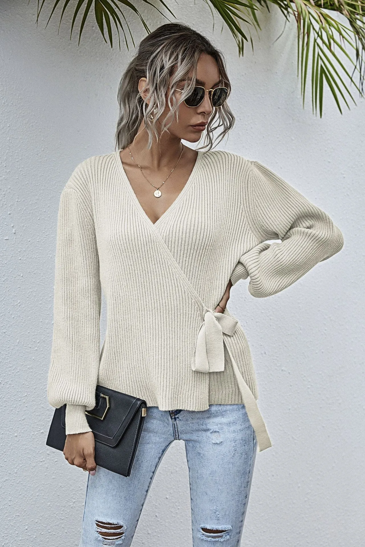 Lantern Sleeve Bow Tie V-neck Knit Sweaters Cardigans